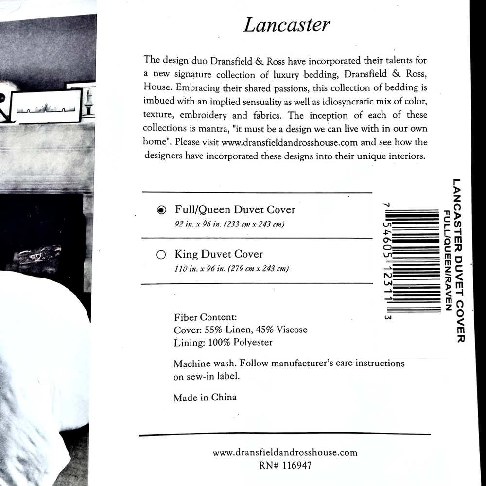 Dransfield & Ross Lancaster Linen Blend Duvet Cover Raven Full Queen Ivory Trim - Picture 9 of 15